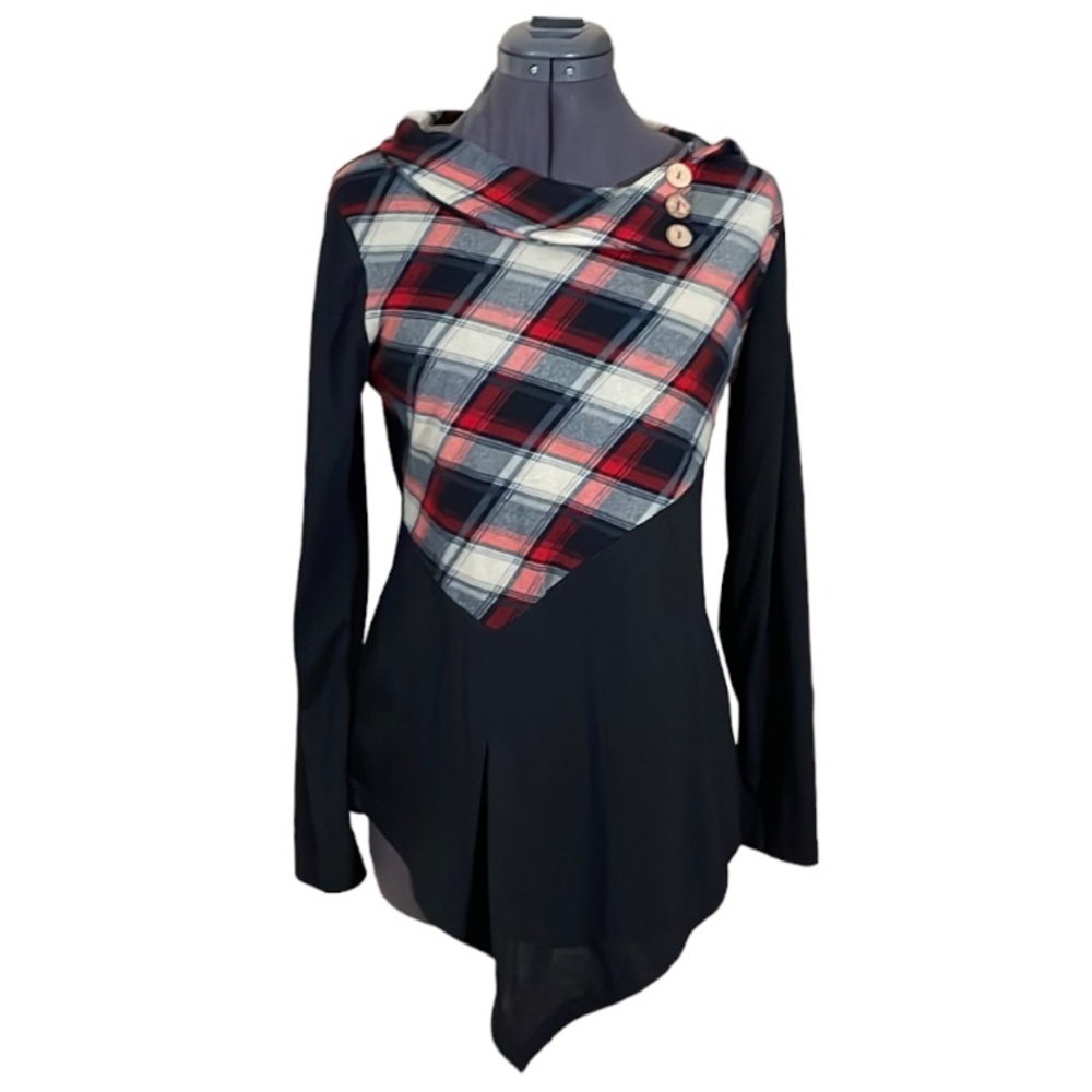 2/$12 SMYS Long Sleeve Asymmetrical Black and Plaid Top